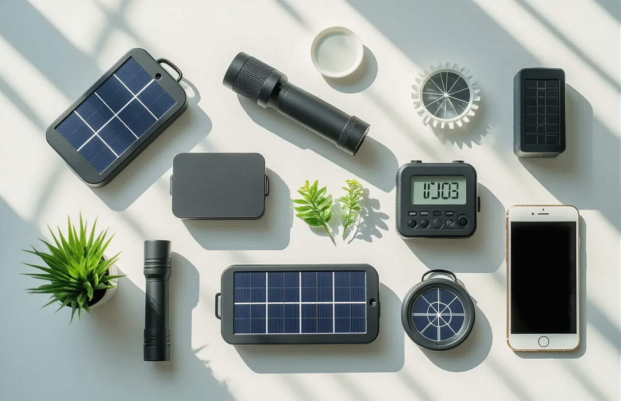 Create a realistic image of a collection of essential solar-powered gadgets arranged on a clean white surface including a solar power bank, solar-powered flashlight, solar radio, solar garden lights, and solar phone charger with small solar panels visible on each device, bright natural daylight illuminating the scene from above, modern indoor setting with soft shadows, organized display showcasing the practical everyday utility of renewable energy devices, absolutely NO text should be in the scene.