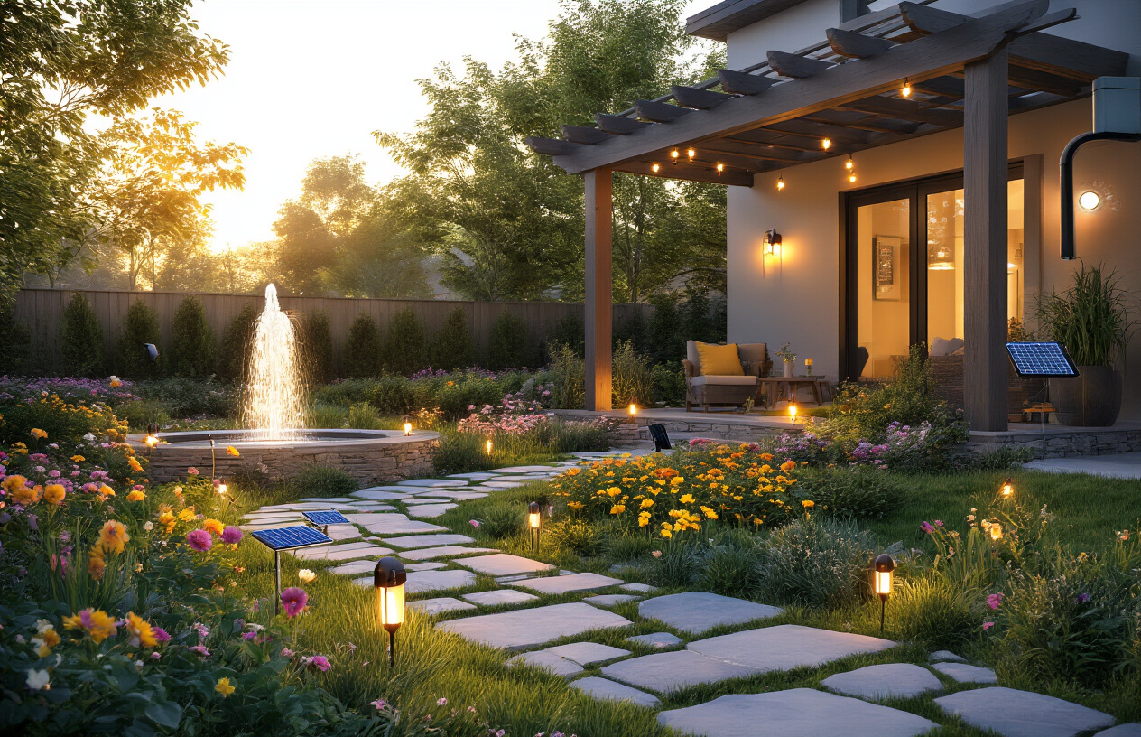 Create a realistic image of a modern suburban home exterior with various solar-powered gadgets displayed in the front yard and garden area, including solar pathway lights lining a stone walkway, solar garden stake lights illuminating flower beds, a solar water fountain feature, solar string lights hanging from a pergola, and solar outdoor security cameras mounted on the house, all set during golden hour lighting with warm sunlight casting gentle shadows across a well-maintained lawn and landscaped garden with blooming flowers and green shrubs. Absolutely NO text should be in the scene.