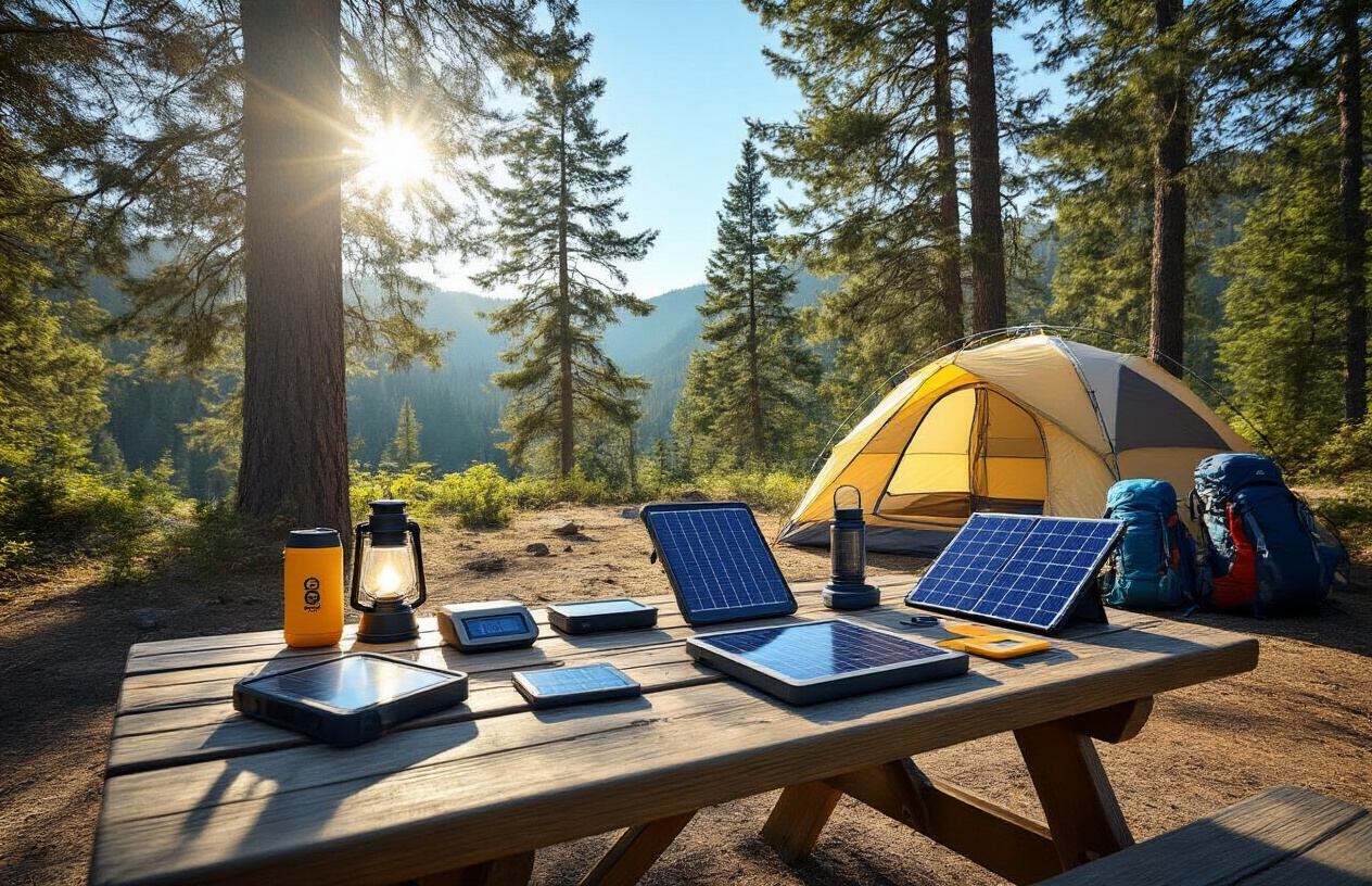 Create a realistic image of a campsite scene with various portable solar-powered gadgets spread on a wooden picnic table including solar power banks, portable solar panels, solar lanterns, and solar chargers, with a tent pitched in the background among tall pine trees, hiking backpacks leaning against the table, a clear blue sky with bright sunlight illuminating the solar devices, creating a peaceful outdoor adventure atmosphere that showcases modern camping technology, absolutely NO text should be in the scene.