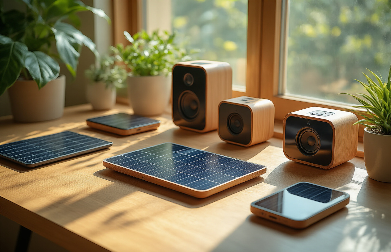 Create a realistic image of an elegant wooden desk setup featuring an array of modern solar-powered gadgets including solar chargers, solar-powered speakers, solar garden lights, and solar power banks neatly arranged on the surface, with warm natural sunlight streaming through a nearby window illuminating the solar panels on the devices, creating a tech-savvy workspace atmosphere with clean modern aesthetics and soft shadows, absolutely NO text should be in the scene.