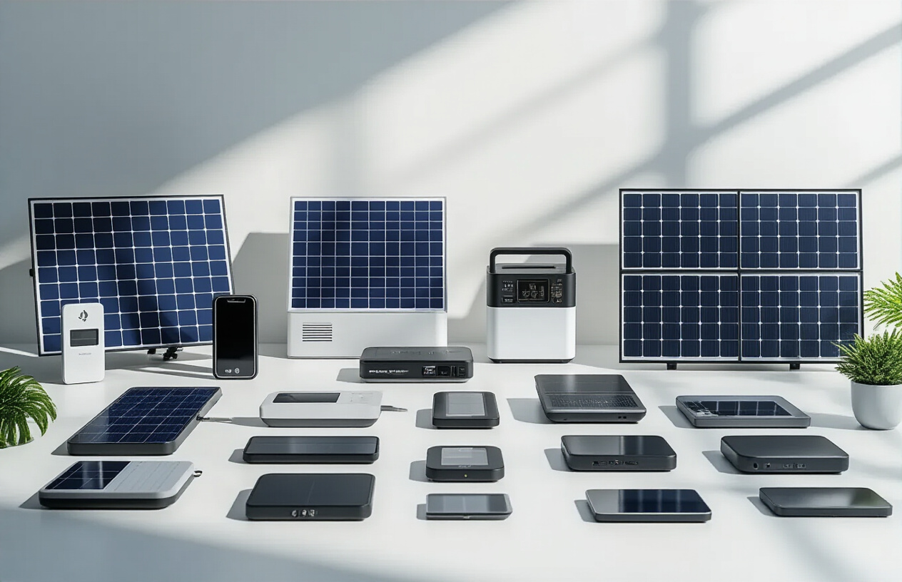 Create a realistic image of a split composition showing budget-friendly solar gadgets on the left side including basic solar phone chargers, simple solar lights, and small solar radios, while the right side displays premium solar devices like high-end solar power banks, sophisticated solar panels, and advanced solar generators, all arranged on a clean white surface with natural daylight illuminating the scene, creating a clear visual comparison between affordable and luxury solar-powered products, with bright ambient lighting emphasizing the solar panels and sleek modern designs, absolutely NO text should be in the scene.