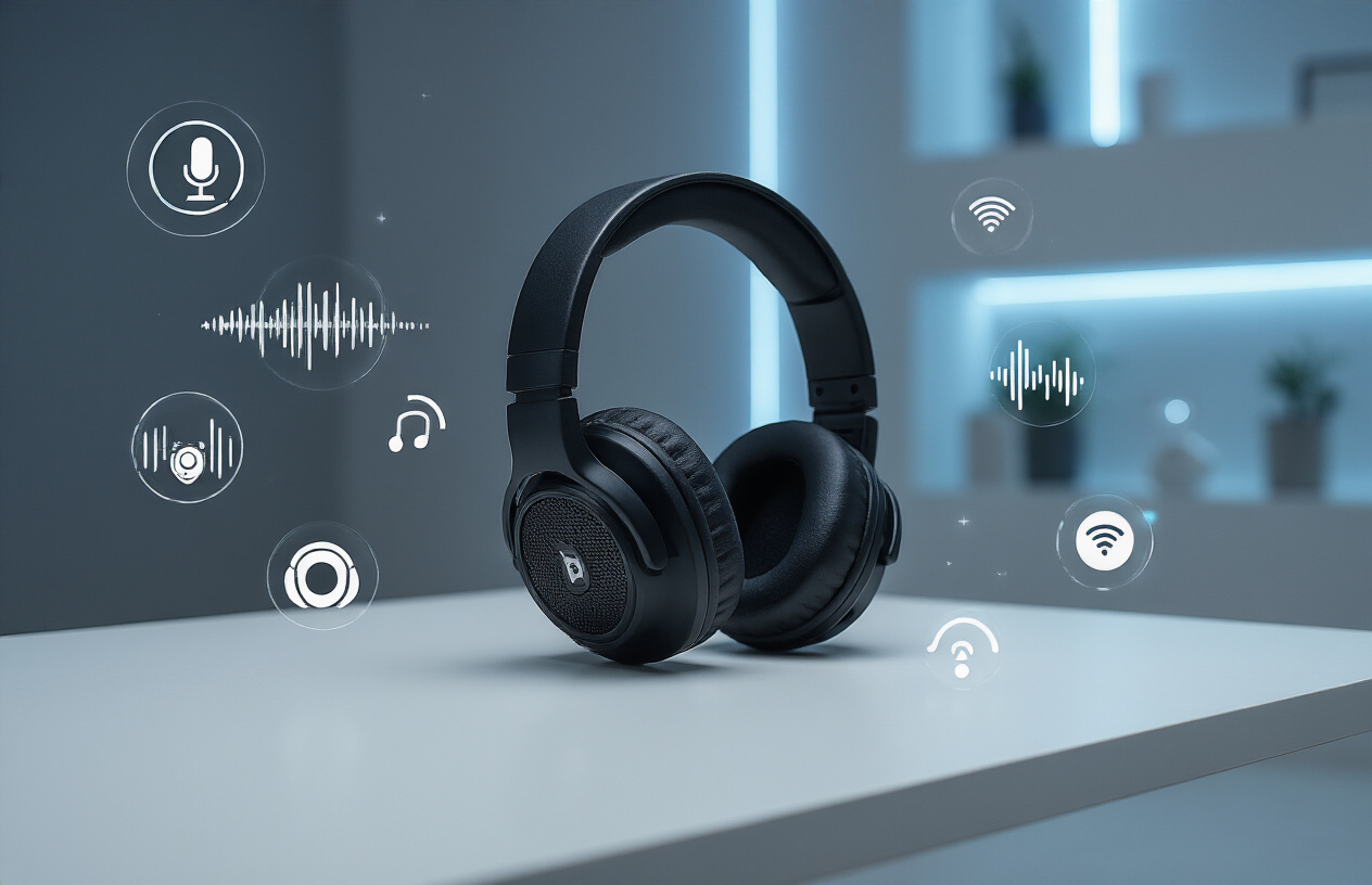 Create a realistic image of a close-up view of a high-quality black gaming headset positioned on a clean white surface, with small icons or symbols floating around it representing key features like a microphone symbol, sound wave indicators, comfort padding highlights, and wireless connectivity symbols, shot with soft professional lighting against a minimalist tech-focused background with subtle blue accent lighting, captured from a three-quarter angle to showcase the headset's design details and build quality, absolutely NO text should be in the scene.