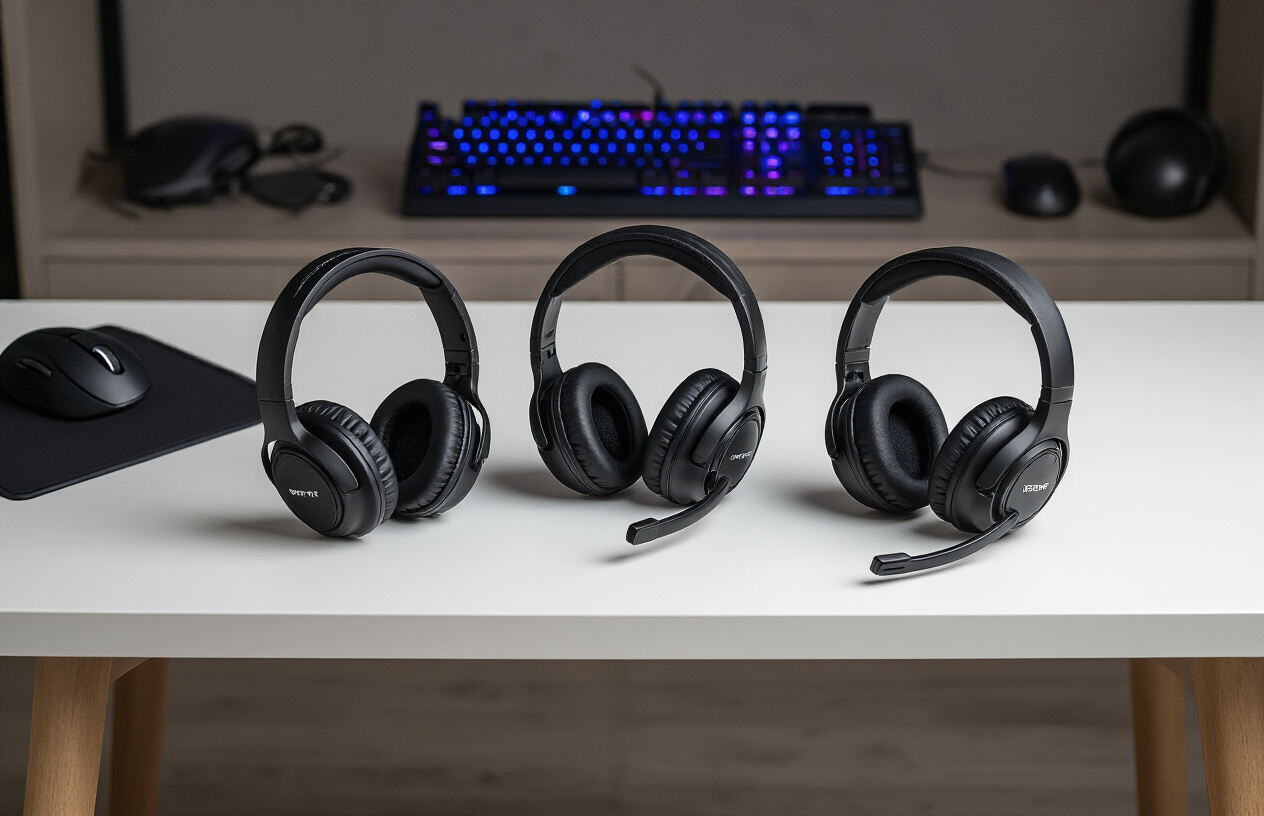 Create a realistic image of three to four gaming headsets arranged on a clean white surface, featuring mid-range models with different designs including over-ear styles with padded ear cups, adjustable headbands, and retractable microphones, with price tags showing amounts between $50-$150, surrounded by subtle gaming accessories like a wireless mouse and keyboard in the background, under soft even lighting that highlights the headsets' details and textures, absolutely NO text should be in the scene.