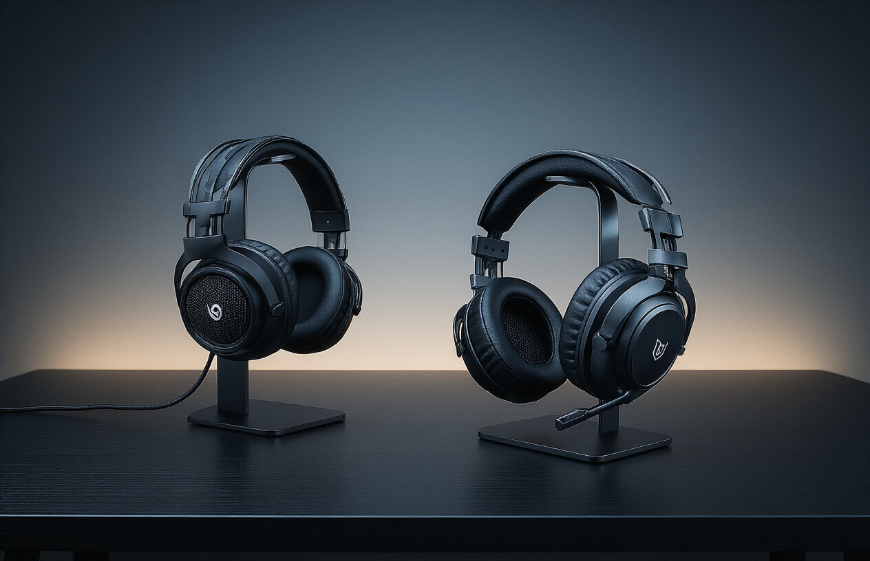 Create a realistic image of three high-end gaming headsets displayed elegantly on a sleek black wooden desk surface, each headset featuring premium materials like metal frames and leather padding, with soft ambient lighting creating subtle reflections on the metallic components, one headset positioned upright on a modern headset stand while the other two are artfully arranged beside it, against a dark gradient background that transitions from charcoal to deep blue, conveying a luxurious and professional atmosphere that emphasizes the premium quality of these expensive gaming accessories, absolutely NO text should be in the scene.
