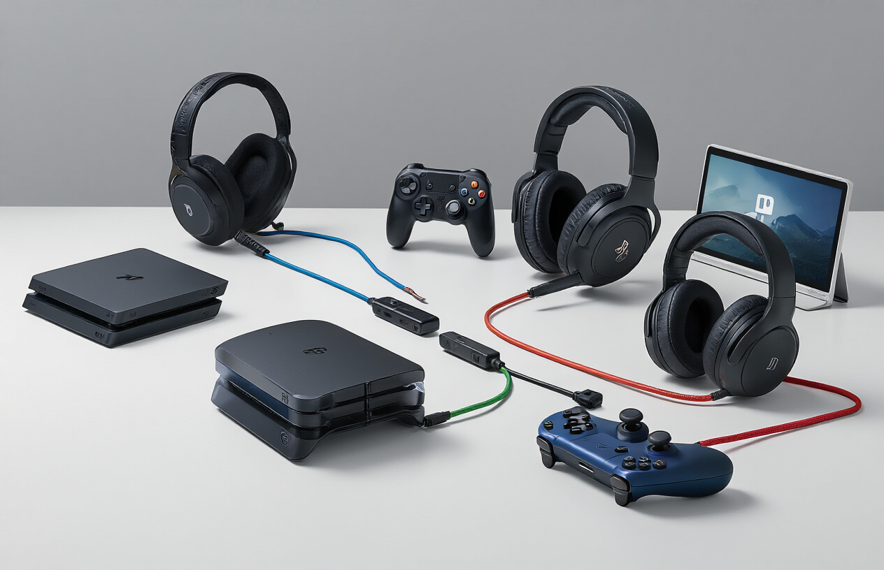 Create a realistic image of multiple gaming headsets arranged on a clean white surface, each connected to different gaming devices including a PlayStation console, Xbox controller, Nintendo Switch, and a gaming laptop, with colored cables and wireless dongles visible to show compatibility connections, soft studio lighting creating subtle shadows, and a modern tech-focused background with neutral tones, absolutely NO text should be in the scene.