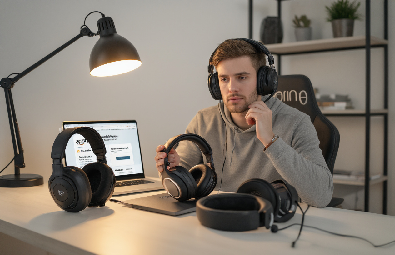 Create a realistic image of a white male sitting at a modern desk with multiple gaming headsets laid out in front of him, holding one headset in his hands while examining it closely, with a laptop displaying an Amazon shopping page visible on the desk, warm ambient lighting from a desk lamp, clean organized workspace background with subtle gaming setup elements, thoughtful contemplative mood as he compares different headset options before making his purchase decision, absolutely NO text should be in the scene.