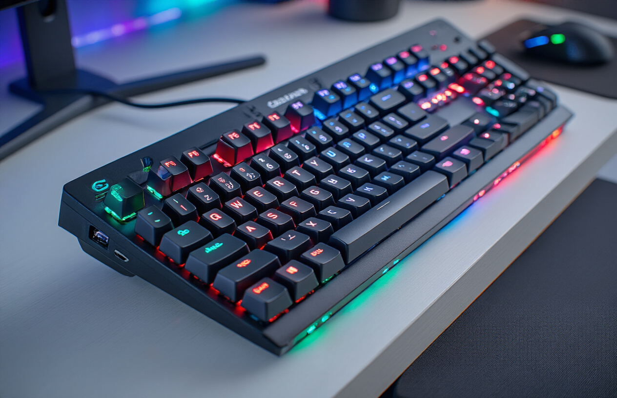 Create a realistic image of a close-up view of a modern gaming keyboard on a clean desk surface, showcasing key features like illuminated RGB backlighting with colorful keys glowing in blue and red hues, mechanical key switches with visible tactile elements, anti-ghosting capabilities demonstrated through multiple pressed keys, a detachable USB cable, dedicated macro keys on the side, and a sleek black design with gaming aesthetics, set against a dark gaming setup background with soft ambient lighting highlighting the keyboard's premium features, shot from a slightly angled overhead perspective to display the full layout and essential gaming functionalities, absolutely NO text should be in the scene.