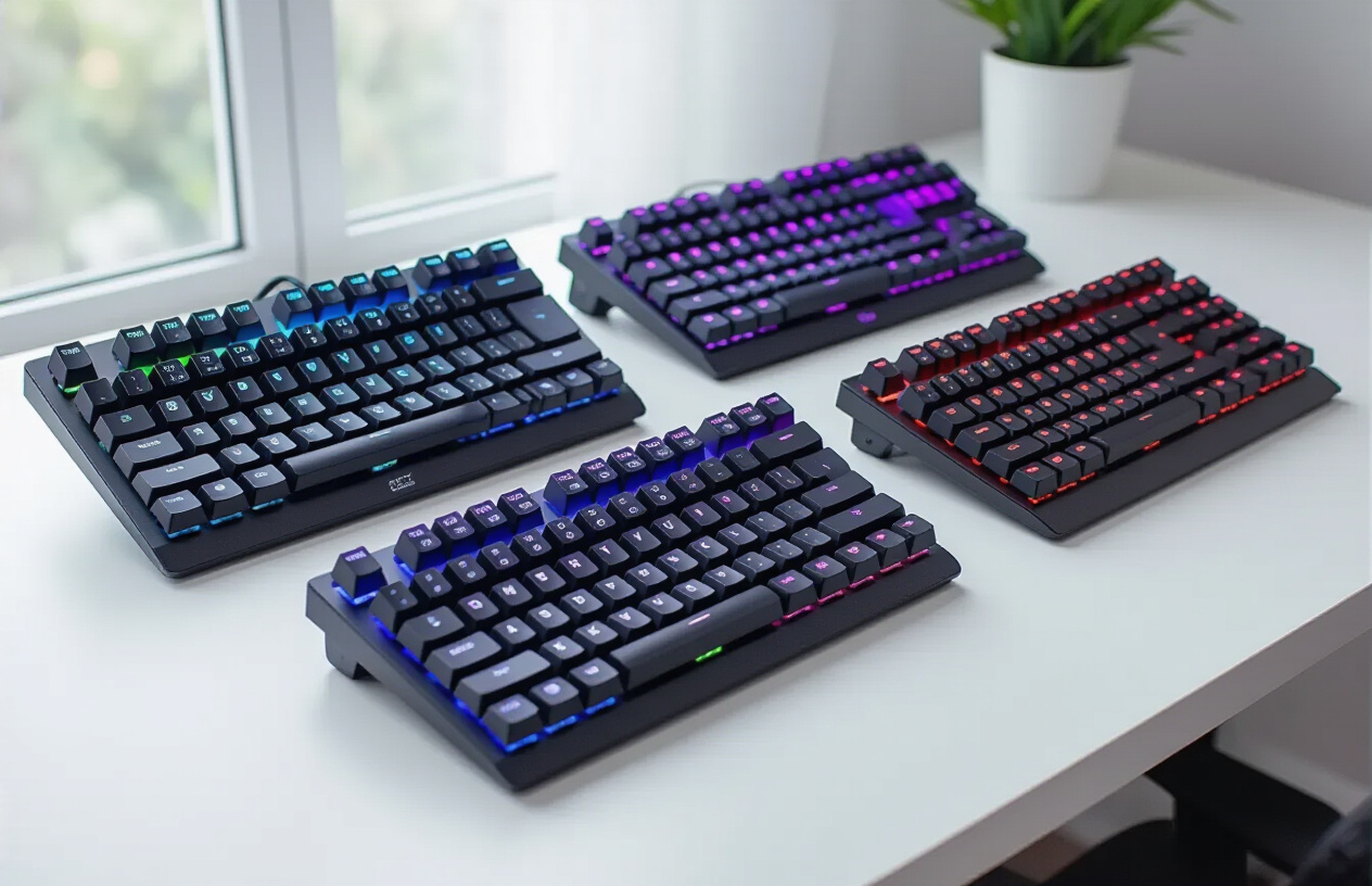 Create a realistic image of three to four budget gaming keyboards arranged on a clean white desk surface, featuring different brands and designs with RGB backlighting in various colors including blue, red, and purple glows, each keyboard displaying mechanical or membrane keys with gaming-focused layouts, positioned at slightly different angles to showcase their features, with a modern indoor setting background that has soft natural lighting from a window, creating a product showcase atmosphere that emphasizes affordability and gaming functionality, absolutely NO text should be in the scene.