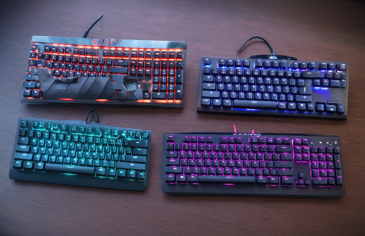 Create a realistic image of three mid-range gaming keyboards displayed on a clean modern desk surface, featuring mechanical keyboards with RGB backlighting in different color schemes including blue, red, and purple lighting, with visible premium keycaps and gaming-focused layouts, set against a dark wooden desk background with soft ambient lighting from above, creating a professional product showcase atmosphere that emphasizes quality and performance without being overly expensive, absolutely NO text should be in the scene.