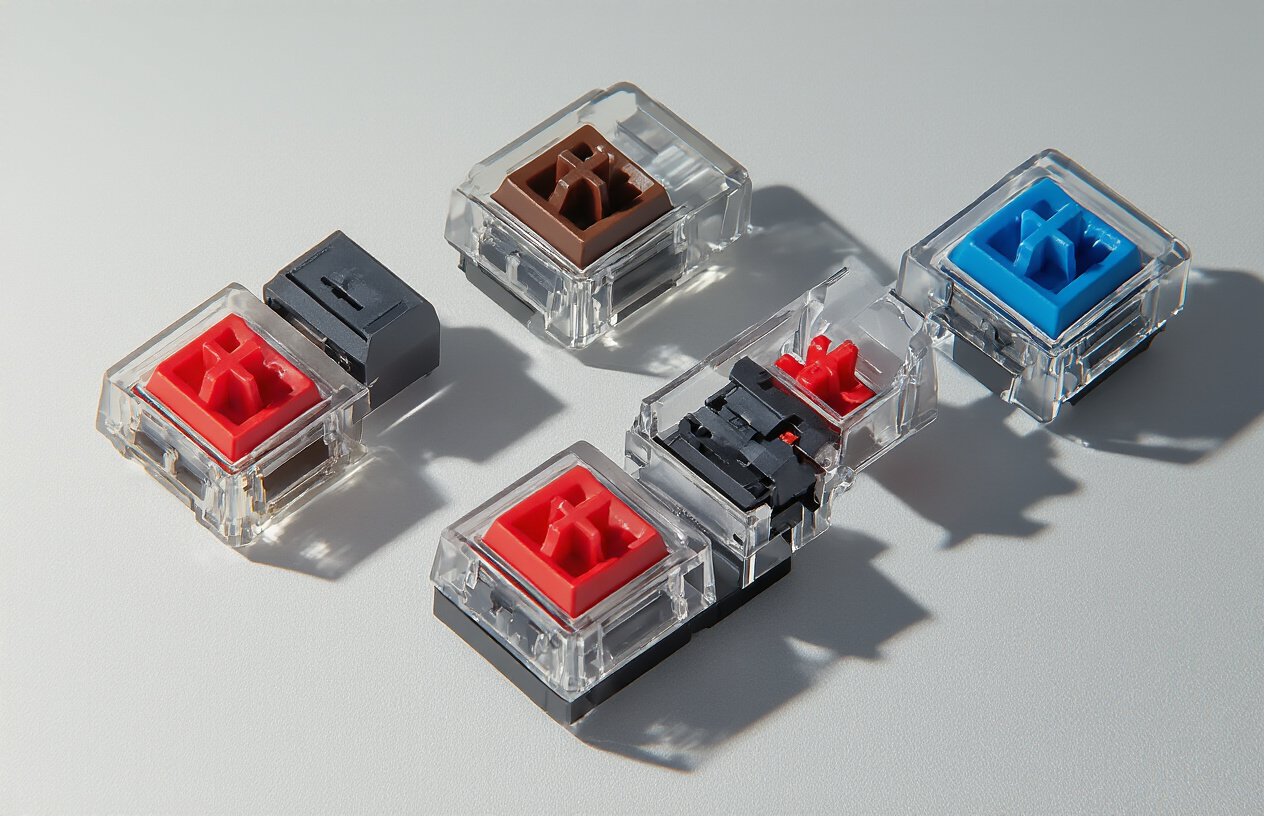 Create a realistic image of three different mechanical keyboard key switches displayed side by side on a clean white surface, showing a linear red switch, tactile brown switch, and clicky blue switch with their internal mechanisms partially visible through transparent housing, each switch casting soft shadows under bright studio lighting with a subtle gradient background transitioning from white to light gray, and absolutely NO text should be in the scene.