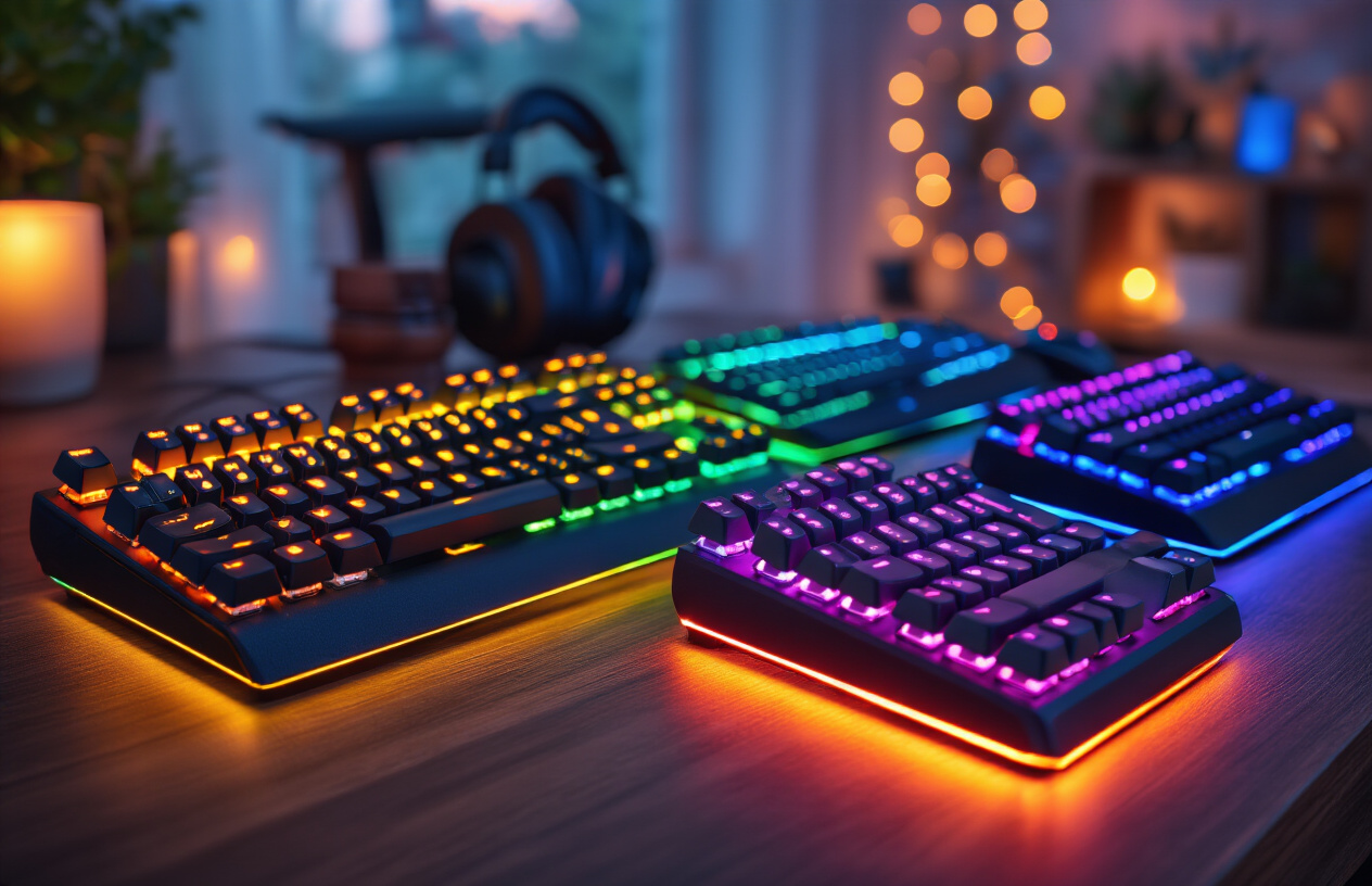 Create a realistic image of a clean modern desk setup featuring three different budget gaming keyboards arranged in a display formation, with colorful RGB backlighting glowing from the keyboards, a few gaming accessories like a mouse and headset placed nearby, warm ambient lighting creating a cozy gaming atmosphere, shallow depth of field focusing on the keyboards in the foreground, dark wooden desk surface, and a softly blurred background suggesting a home office or bedroom setting, absolutely NO text should be in the scene.