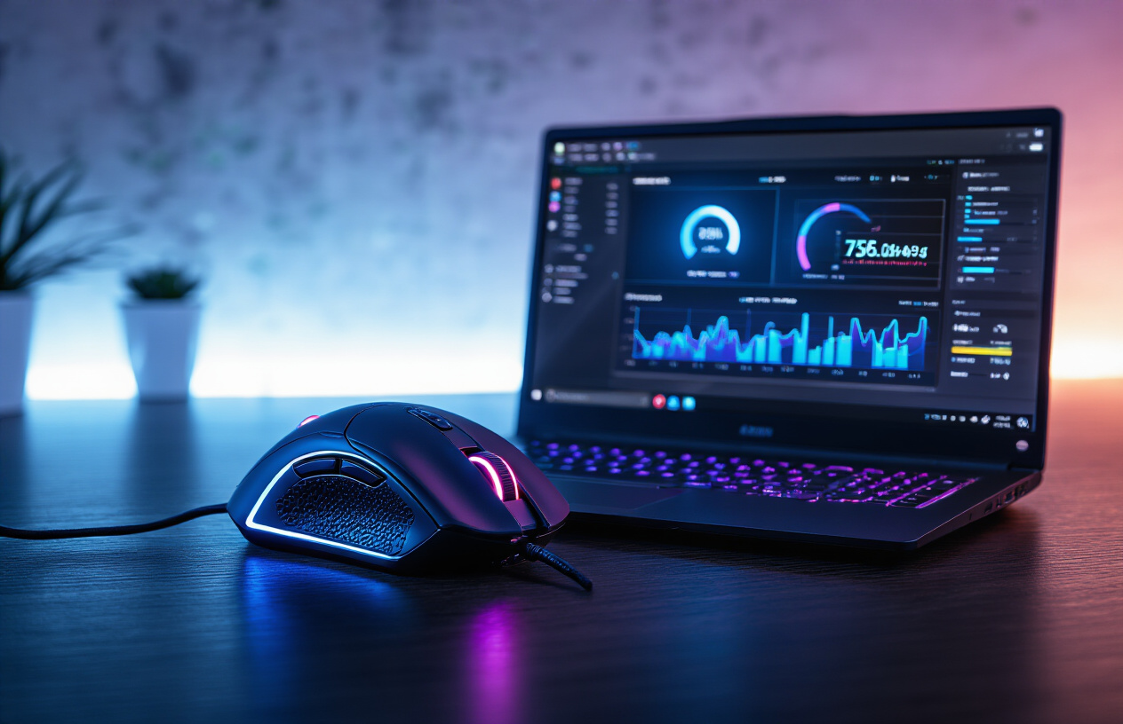 Create a realistic image of a high-end gaming mouse on a dark wooden desk surface with glowing LED accents, connected to a gaming laptop displaying performance metrics and response time graphs on the screen, surrounded by subtle blue and purple ambient lighting that creates a professional tech atmosphere, with visible mouse cord and precise detailing on the mouse's ergonomic design and buttons, shot from a three-quarter angle to showcase both the mouse and screen clearly, absolutely NO text should be in the scene.