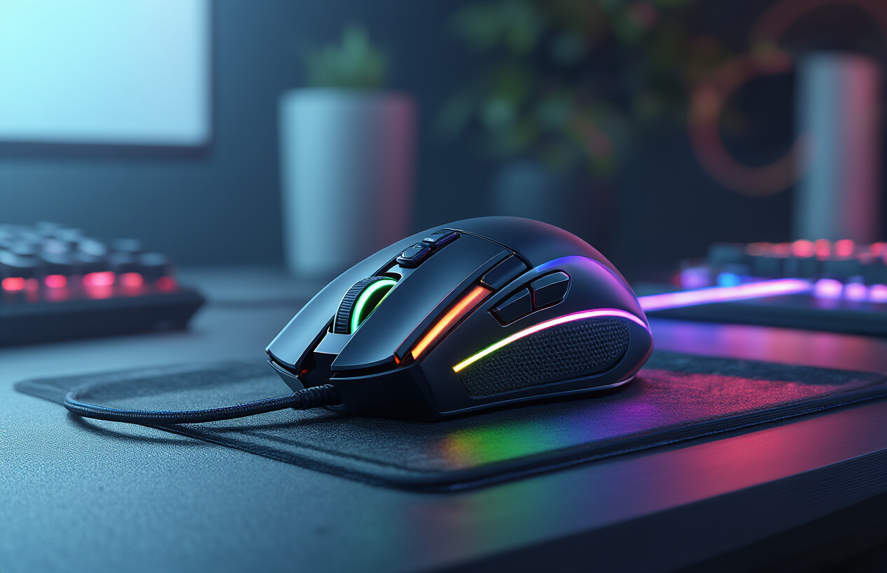 Create a realistic image of a high-end gaming mouse with a sleek black design featuring RGB lighting accents, positioned on a dark gaming desk surface with technical components like precision sensors, customizable buttons, and braided cable visible, dramatic lighting highlighting the mouse's premium materials and advanced features, with subtle motion blur effects suggesting speed and responsiveness, professional product photography style with a dark gradient background, absolutely NO text should be in the scene.