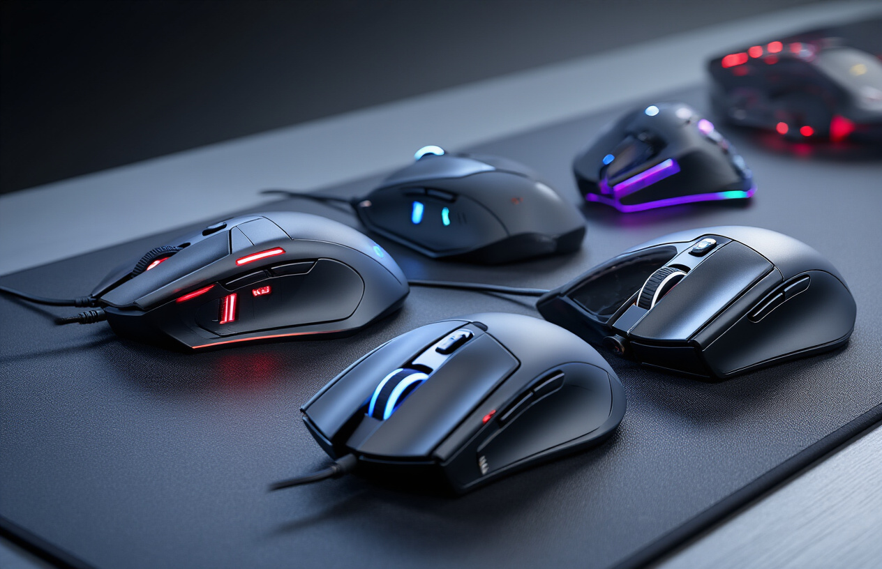 Create a realistic image of multiple high-performance gaming mice arranged on a sleek black gaming desk surface, featuring various modern gaming mouse designs with RGB lighting effects, ergonomic shapes, and premium finishes including matte black, gunmetal, and carbon fiber textures, with subtle blue and red LED accents glowing from the mice, professional studio lighting creating dramatic shadows and highlights, dark background with subtle tech-inspired elements, emphasizing speed and precision through clean composition and sharp focus on the gaming peripherals, absolutely NO text should be in the scene.