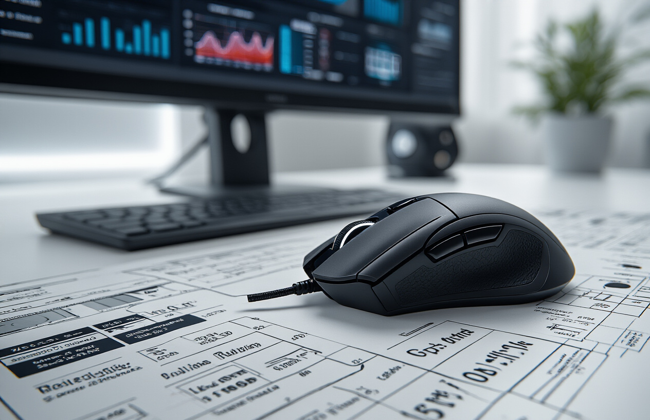 Create a realistic image of a high-end gaming mouse positioned on a clean white surface with detailed technical specification charts and diagrams visible around it, showing DPI settings, polling rates, and sensor specifications, with a modern tech workspace background featuring a computer monitor displaying performance metrics, precise studio lighting highlighting the mouse's sleek design and technical details, creating a professional product evaluation atmosphere, absolutely NO text should be in the scene.