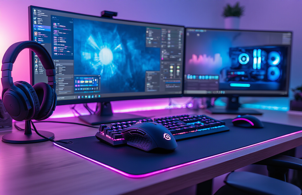 Create a realistic image of a clean, modern gaming desk setup featuring a high-performance gaming mouse with RGB lighting positioned on a premium mousepad, surrounded by a mechanical keyboard, dual monitors displaying performance optimization software interfaces, cable management solutions with neatly organized wires, a gaming headset on a stand, and subtle LED strip lighting creating an ambient purple and blue glow, shot from a slightly elevated angle with professional lighting that highlights the precision and technical aspects of the setup, absolutely NO text should be in the scene.