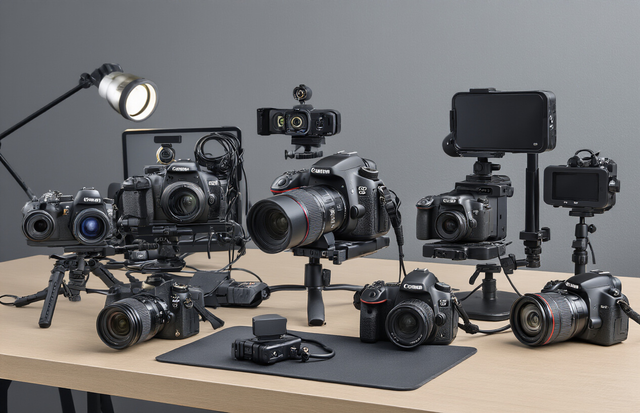 Create a realistic image of professional streaming cameras and equipment arranged on a modern desk setup, featuring multiple high-end DSLR cameras, mirrorless cameras, and webcams with different focal lengths, camera tripods and adjustable mounts, ring lights and softbox lighting equipment, with cables neatly organized, set against a clean modern streaming studio background with neutral gray walls, professional lighting creating a crisp and well-lit atmosphere, showcasing the technical precision of professional streaming gear, absolutely NO text should be in the scene.