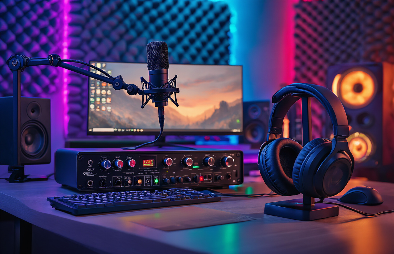 Create a realistic image of a modern gaming setup featuring high-quality audio equipment including a professional condenser microphone on an adjustable boom arm, premium over-ear headphones resting on a headphone stand, an audio interface with multiple knobs and LED indicators, and acoustic foam panels on the wall, all arranged on a clean desk with RGB lighting creating a vibrant gaming atmosphere in a dimly lit room, absolutely NO text should be in the scene.