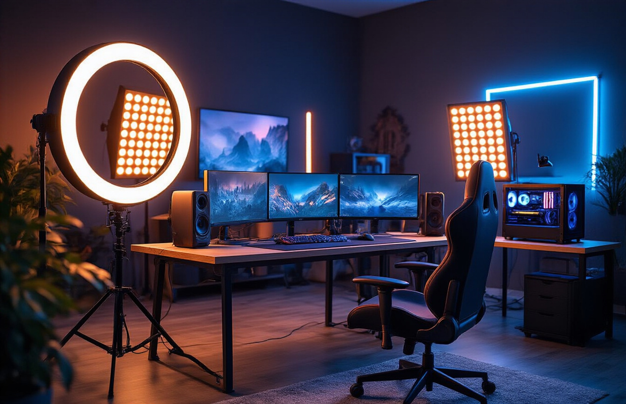 Create a realistic image of a professional game streaming setup showcasing various lighting equipment including a large ring light, LED panel lights, and softbox lights positioned around a gaming desk with multiple monitors, a high-end gaming chair, and streaming equipment, all arranged in a clean modern room with dark walls, emphasizing the dramatic lighting effects these tools create with warm and cool light temperatures mixing together, shot from a side angle to show the depth and layers of the lighting setup, absolutely NO text should be in the scene.
