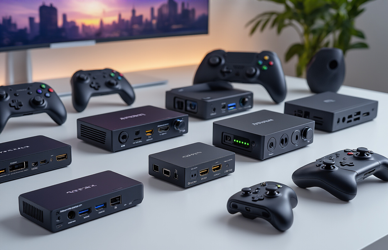 Create a realistic image of multiple capture cards arranged on a clean white desk surface, showing various models with HDMI inputs and outputs, USB connections, and LED indicators, surrounded by gaming controllers from different platforms including PlayStation, Xbox, and Nintendo Switch controllers, with gaming console silhouettes visible in the soft-focused background, professional studio lighting creating clean shadows, modern tech workspace atmosphere. Absolutely NO text should be in the scene.