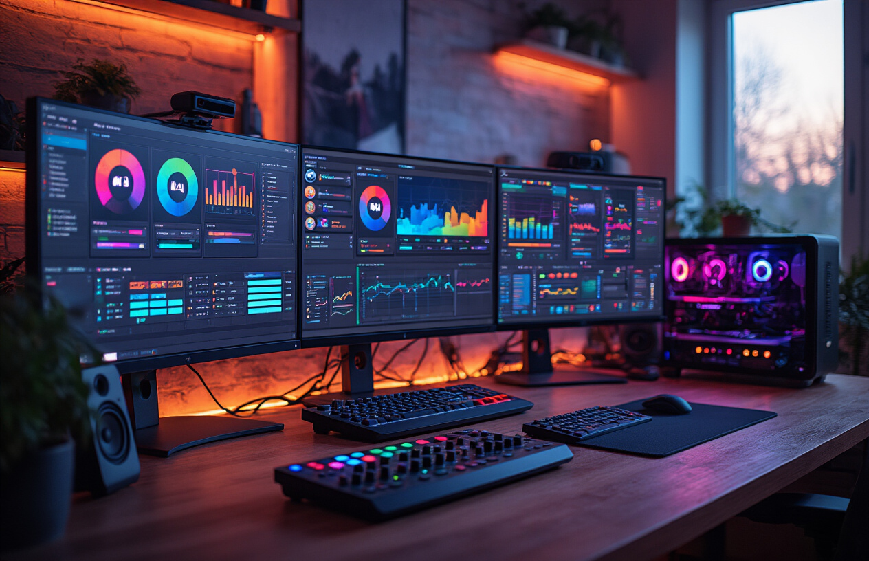 Create a realistic image of a modern gaming setup featuring multiple computer monitors displaying streaming software interfaces with colorful dashboards, control panels, and streaming overlays, alongside physical streaming control devices like stream decks with illuminated buttons, audio mixing boards, and webcam controllers arranged on a clean desk surface, with RGB lighting creating a professional streaming atmosphere in a dimly lit room setup, capturing the technical aspect of streaming control solutions. Absolutely NO text should be in the scene.
