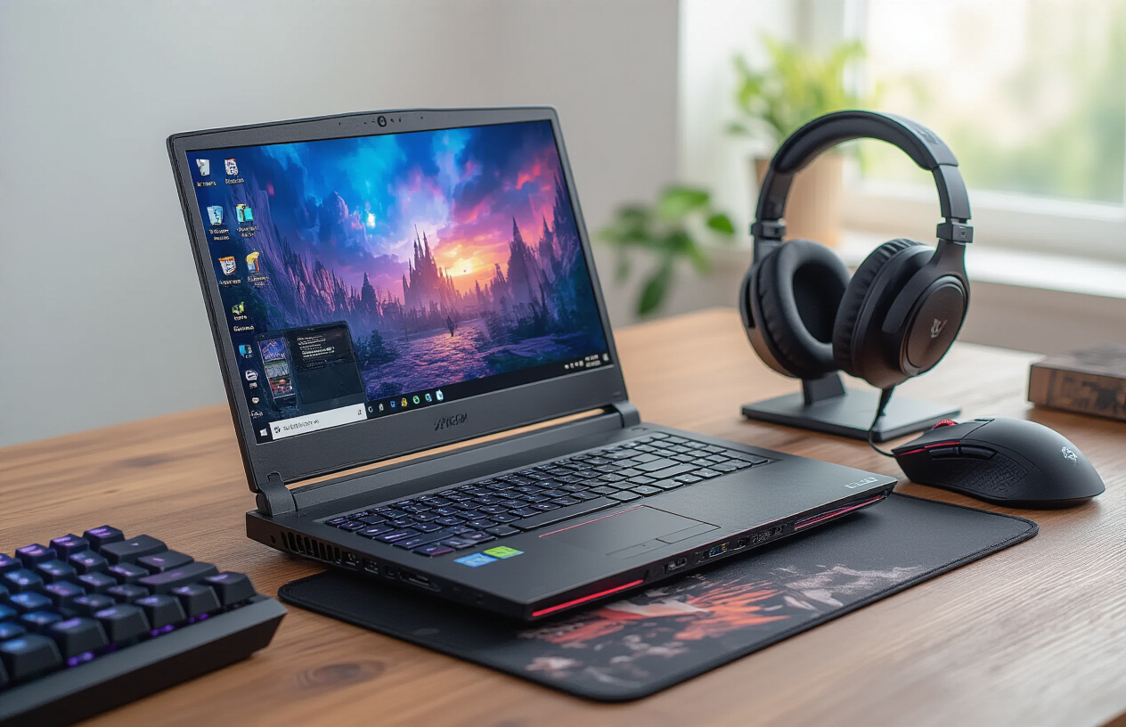 Create a realistic image of a modern gaming laptop opened on a wooden desk displaying vibrant game graphics on its screen, surrounded by essential gaming accessories including a wireless gaming mouse, mechanical keyboard, and gaming headset, with the laptop's cooling vents and ports clearly visible, set against a clean modern room background with soft natural lighting from a window, creating a focused and professional atmosphere that emphasizes the laptop's key gaming features and performance capabilities, absolutely NO text should be in the scene.