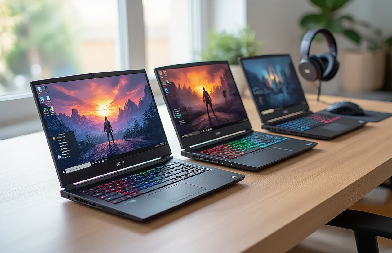 Create a realistic image of multiple modern gaming laptops arranged on a clean wooden desk surface, showing 3-4 different laptop models with their screens open displaying colorful gaming interfaces and vibrant game graphics, each laptop featuring RGB keyboard backlighting in different colors like blue, red, and green, with sleek black and silver designs, surrounded by subtle gaming accessories like a wireless gaming mouse and headphones, shot from a slightly elevated angle with soft natural lighting from the side creating gentle shadows, professional product photography style with a minimalist background, absolutely NO text should be in the scene.