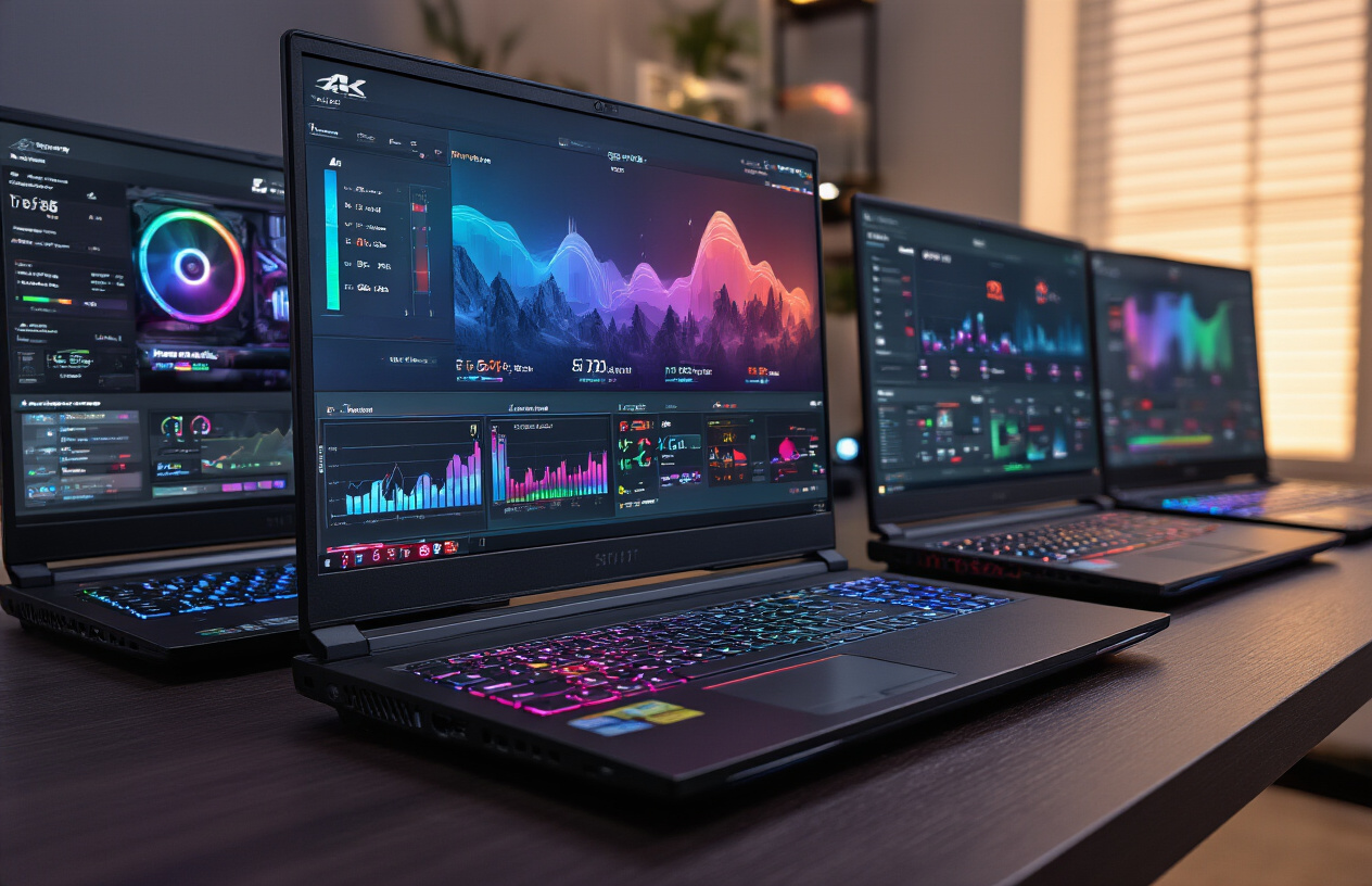 Create a realistic image of multiple gaming laptop screens displaying colorful performance benchmark charts and graphs with frame rate statistics, FPS counters, and gaming performance metrics, surrounded by modern gaming laptops with RGB keyboards and cooling vents, placed on a clean dark wooden desk surface with soft ambient lighting from above, creating a professional tech review atmosphere, Absolutely NO text should be in the scene.