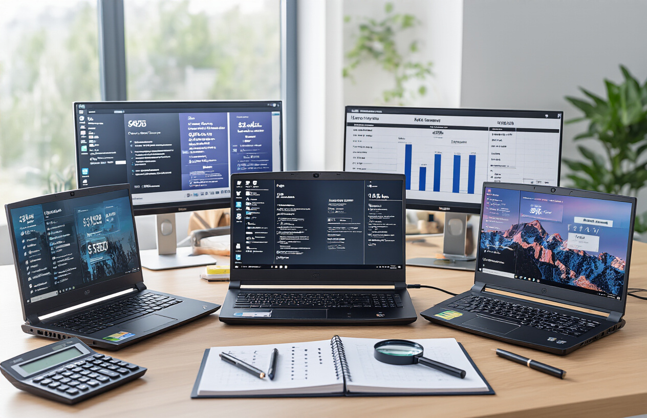 Create a realistic image of a modern desk setup featuring multiple gaming laptops opened and displayed at different angles, with visible specs stickers and price tags, surrounded by comparison charts, a calculator, a notepad with checkmarks, and a magnifying glass, set against a clean office background with soft natural lighting from a window, conveying a thoughtful evaluation atmosphere. Absolutely NO text should be in the scene.