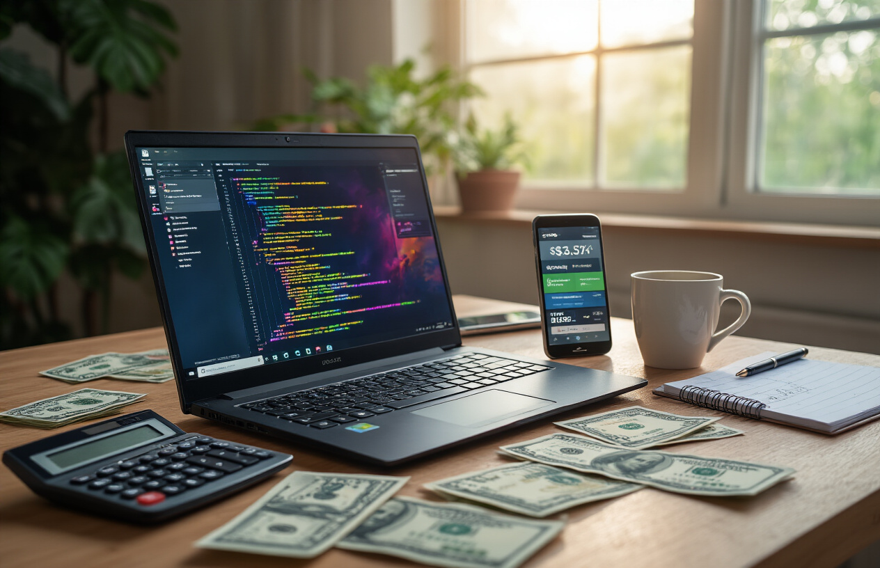 Create a realistic image of a clean modern desk setup with an open gaming laptop displaying colorful specs, surrounded by scattered dollar bills, a calculator, a notepad with handwritten notes, a smartphone showing price comparison websites, and a coffee cup, with soft natural lighting from a window creating a focused shopping research atmosphere, absolutely NO text should be in the scene.