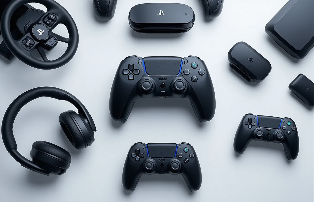 Create a realistic image of multiple PS5 gaming controllers and input devices arranged on a clean white surface, featuring a black DualSense wireless controller prominently in the center, surrounded by additional gaming accessories like a racing wheel, gaming headset, charging dock, and specialty controllers, with soft studio lighting creating gentle shadows, modern tech aesthetic with sleek product photography style, absolutely NO text should be in the scene.