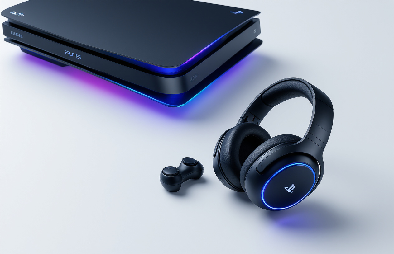 Create a realistic image of premium gaming headphones and wireless earbuds designed for PS5 gaming displayed on a clean white surface, with a sleek black PlayStation 5 console partially visible in the background, featuring modern LED accent lighting in blue and purple tones, studio lighting setup with soft shadows, minimalist tech product photography style, absolutely NO text should be in the scene.