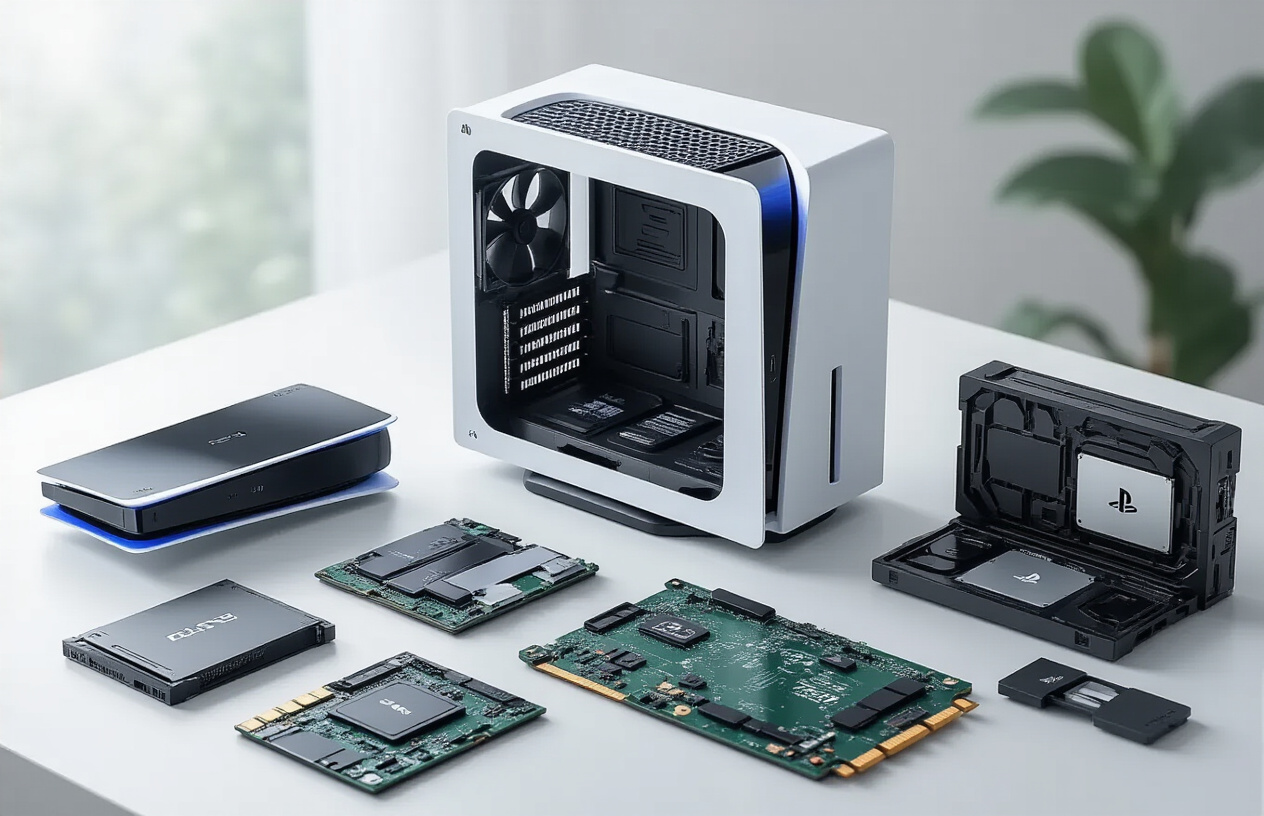 Create a realistic image of a PlayStation 5 console with its side panel removed, revealing the internal M.2 SSD slot, alongside various PS5 storage accessories including an external USB hard drive, M.2 NVMe SSD cards, and cooling accessories like thermal pads, all arranged on a clean modern desk surface with soft natural lighting from the side, showcasing the technical upgrade components in sharp detail against a neutral background, absolutely NO text should be in the scene.