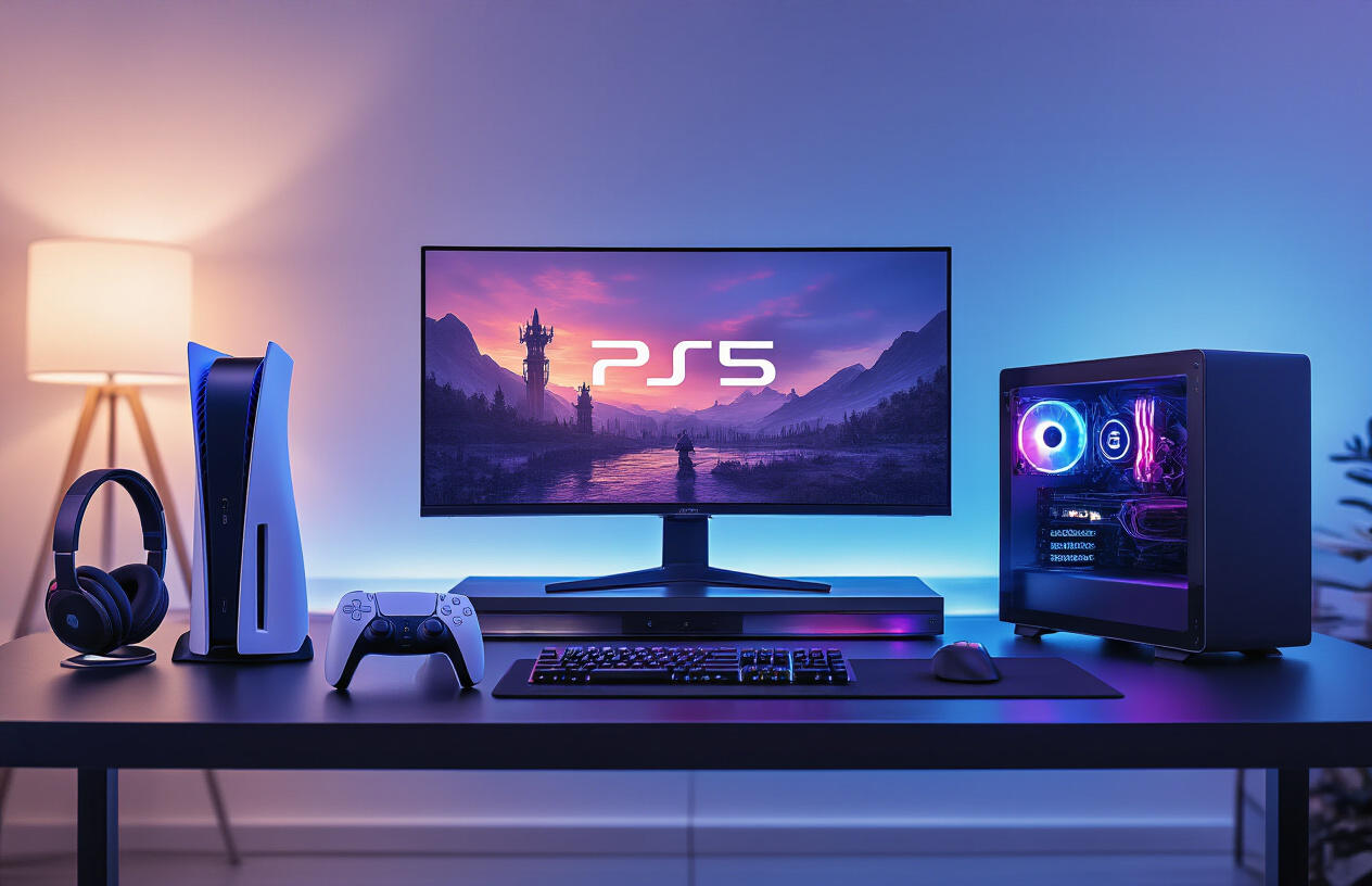 Create a realistic image of a modern gaming setup featuring PS5 display enhancement accessories including a high-resolution 4K gaming monitor, HDMI cables, and a gaming headset with RGB lighting, arranged on a sleek black desk in a dimly lit room with ambient blue and purple LED lighting creating a premium gaming atmosphere, with the accessories prominently displayed and clearly visible without any gaming console in frame, absolutely NO text should be in the scene.