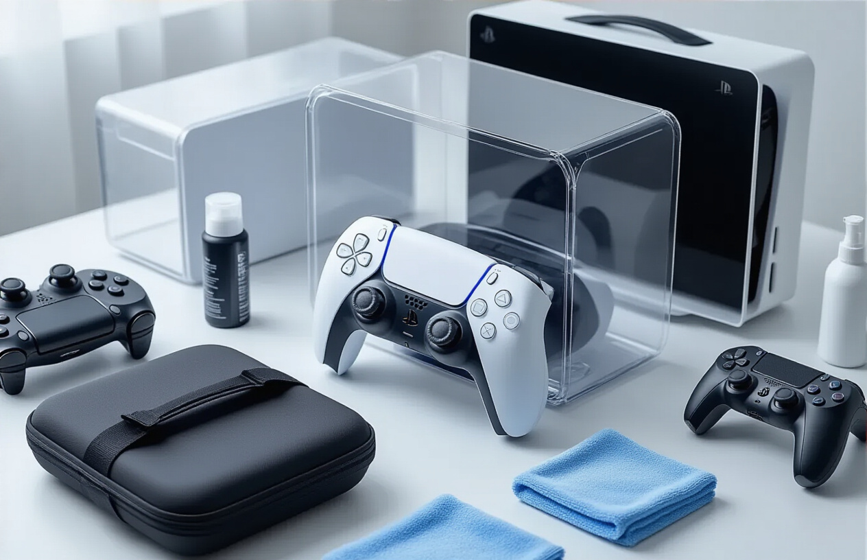 Create a realistic image of a clean, organized collection of PS5 protective accessories including a clear console dust cover, protective carrying case, controller silicone covers, screen protectors, and cleaning supplies like microfiber cloths and compressed air cans arranged on a white surface, with soft even lighting creating a professional product showcase atmosphere, absolutely NO text should be in the scene.