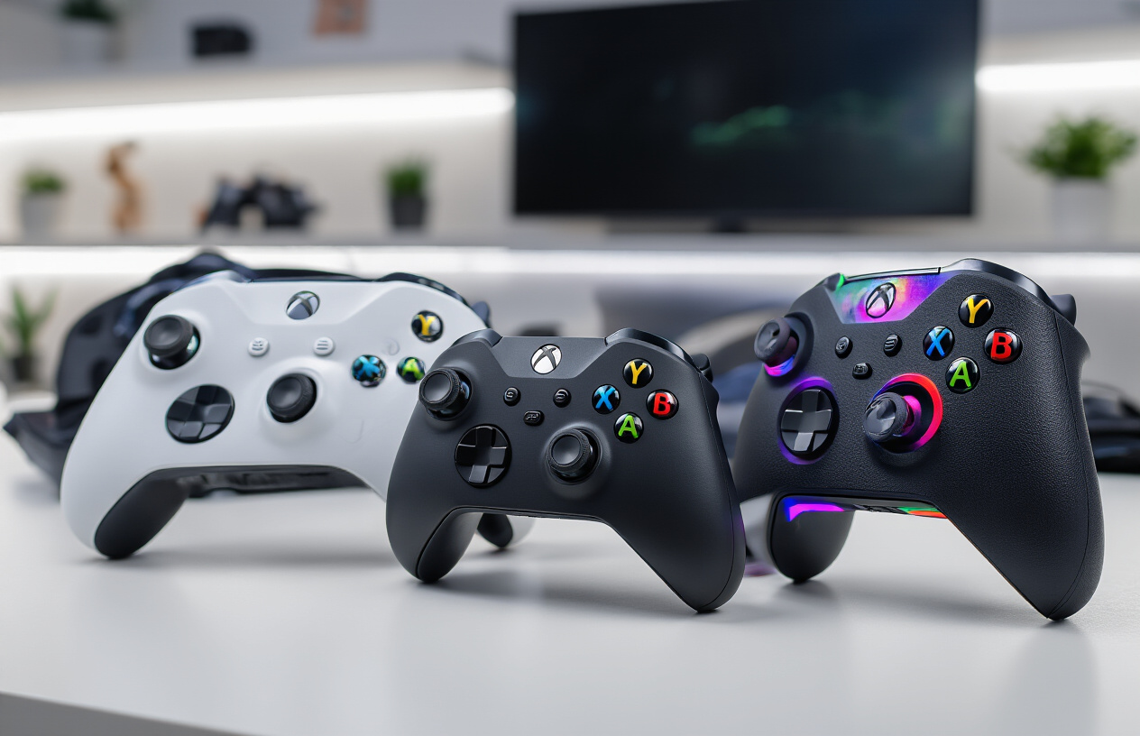Create a realistic image of multiple high-end Xbox controllers arranged on a sleek gaming desk surface, including an Elite Wireless Controller with customizable paddles, a standard Xbox controller, and a pro gaming controller with RGB lighting, positioned at dynamic angles to showcase their premium build quality and ergonomic design features, set against a clean modern gaming setup background with subtle LED ambient lighting creating a professional esports atmosphere, with shallow depth of field focusing on the controllers' detailed buttons and textured grips, absolutely NO text should be in the scene.