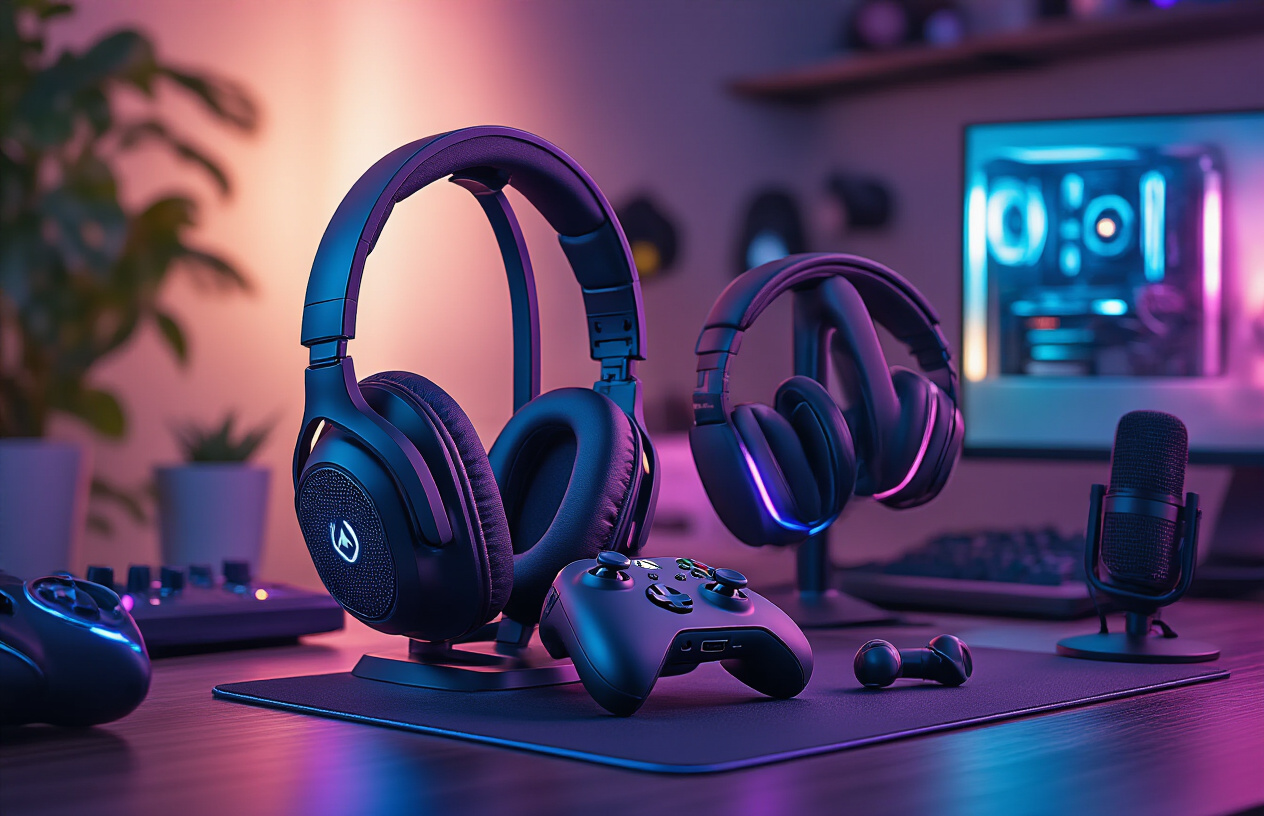 Create a realistic image of premium Xbox gaming headphones with RGB lighting sitting on a gaming desk next to an Xbox controller, with a sleek gaming headset stand displaying wireless earbuds, surrounded by other audio accessories like a microphone arm and sound mixer, all arranged on a modern dark wood gaming setup with soft purple and blue ambient lighting creating an immersive gaming atmosphere, shot from a three-quarter angle with dramatic lighting that highlights the metallic and glossy surfaces of the audio equipment, absolutely NO text should be in the scene.