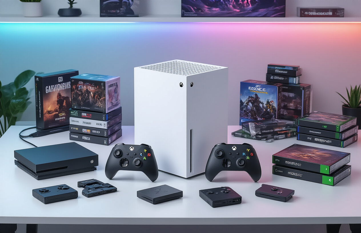 Create a realistic image of various Xbox storage solutions including external hard drives, SSD drives, and memory expansion cards arranged on a modern gaming desk, with an Xbox Series X console prominently displayed in the background, multiple game cases scattered around showing a large game collection, soft ambient lighting from RGB LED strips, clean modern gaming setup atmosphere, high-tech gaming environment with cables neatly organized, absolutely NO text should be in the scene.