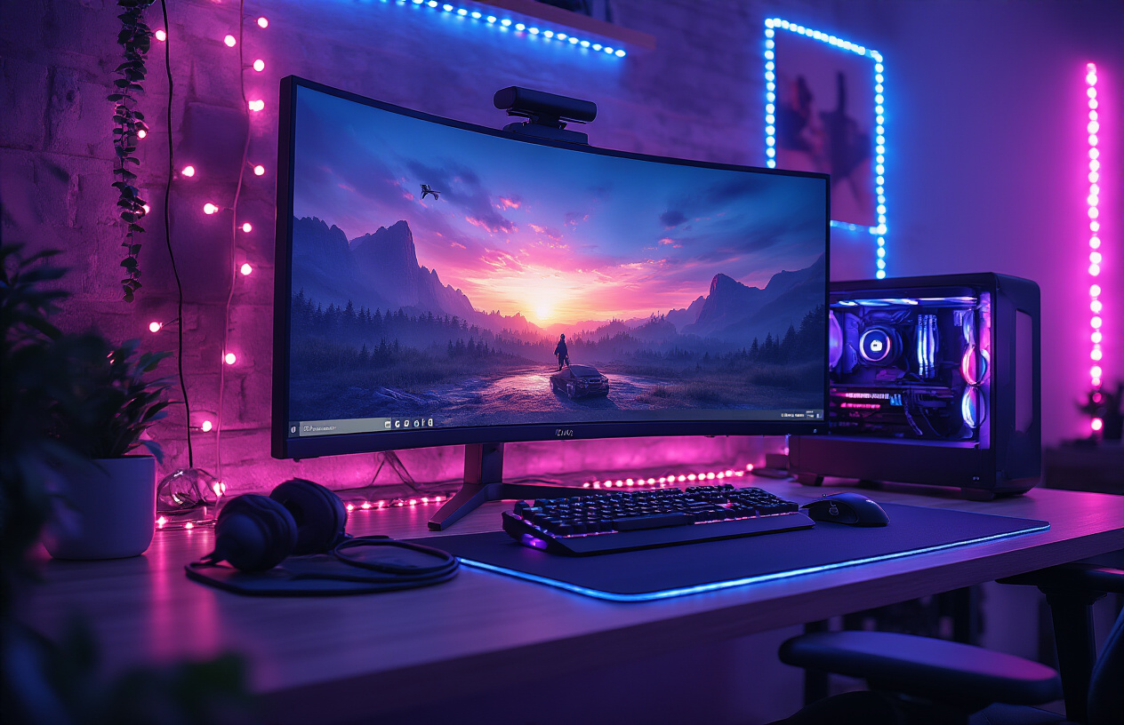 Create a realistic image of an Xbox gaming setup featuring various visual display upgrades and accessories including a large curved gaming monitor, LED strip lights creating ambient backlighting around the screen, a sleek monitor arm mount, cable management solutions, and a gaming headset stand positioned on a modern gaming desk, with the Xbox console visible in the setup, photographed in a dimly lit room with purple and blue LED ambient lighting creating a premium gaming atmosphere, shot from a slightly angled perspective to showcase all the visual enhancement accessories, absolutely NO text should be in the scene.