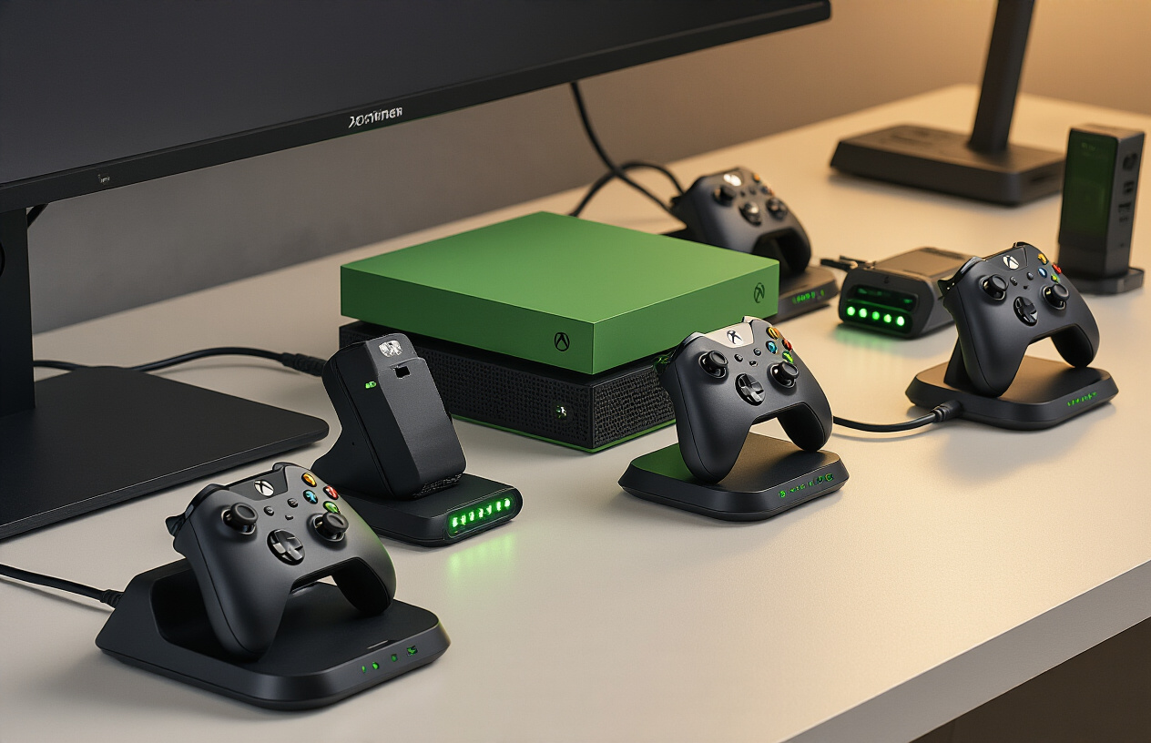 Create a realistic image of Xbox controllers sitting on charging docks with LED indicator lights, multiple charging stations with various power cables and adapters, battery packs for controllers displayed on a clean modern desk surface, soft ambient lighting highlighting the sleek black and green Xbox accessories, professional product photography style with subtle shadows, minimalist tech workspace background. Absolutely NO text should be in the scene.