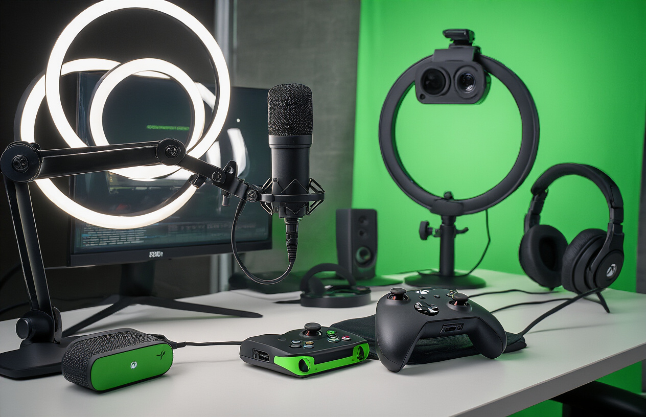 Create a realistic image of a modern gaming setup featuring Xbox streaming and content creation equipment, including a high-quality microphone on an adjustable boom arm, a ring light illuminating the scene, a webcam mounted above a monitor, a capture card device, and green screen backdrop partially visible, with an Xbox controller and headset placed on a clean desk surface, professional studio lighting creating even illumination, sleek black and green color scheme matching Xbox branding, organized cables and tech accessories, absolutely NO text should be in the scene.