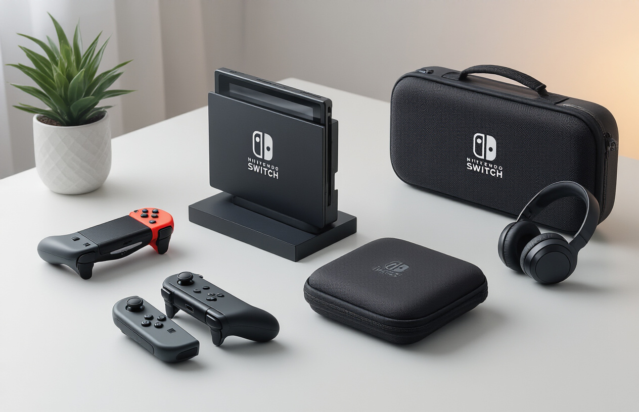 Create a realistic image of a Nintendo Switch console in docked position surrounded by essential gaming accessories including a Pro Controller, Joy-Con charging grip, screen protector, carrying case, and wireless headphones arranged on a clean modern desk with soft ambient lighting creating a premium gaming setup atmosphere. Absolutely NO text should be in the scene.