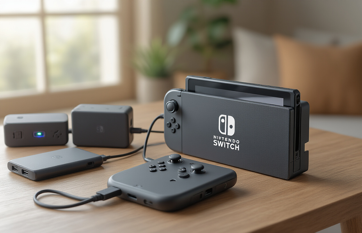 Create a realistic image of a Nintendo Switch gaming console placed on a wooden table next to multiple portable power banks and charging cables, with one power bank connected to the Switch via USB-C cable, showing the charging indicator light glowing, surrounded by a cozy indoor setting with soft natural lighting from a nearby window, creating a warm and inviting atmosphere for gaming preparation, absolutely NO text should be in the scene.