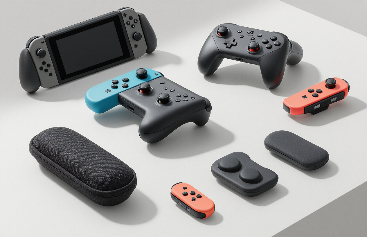 Create a realistic image of various Nintendo Switch ergonomic accessories laid out on a clean white surface, including a pro controller with ergonomic grips, comfort grip cases for Joy-Con controllers, a cushioned carrying case, adjustable tablet stand, and ergonomic thumbstick caps, with soft natural lighting from above creating gentle shadows, showcasing the comfort-focused design features of each accessory. Absolutely NO text should be in the scene.