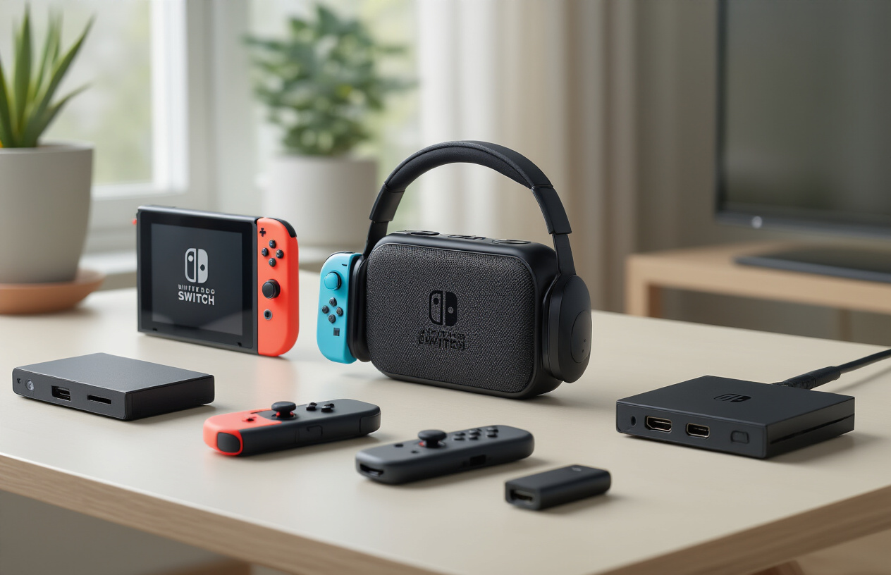 Create a realistic image of Nintendo Switch gaming accessories focused on audio and visual enhancement, featuring wireless gaming headphones, a portable monitor or screen amplifier, HDMI cables, and audio adapters neatly arranged on a clean modern desk surface with soft natural lighting from the side, creating a tech-focused product showcase atmosphere with shallow depth of field to emphasize the accessories, absolutely NO text should be in the scene.
