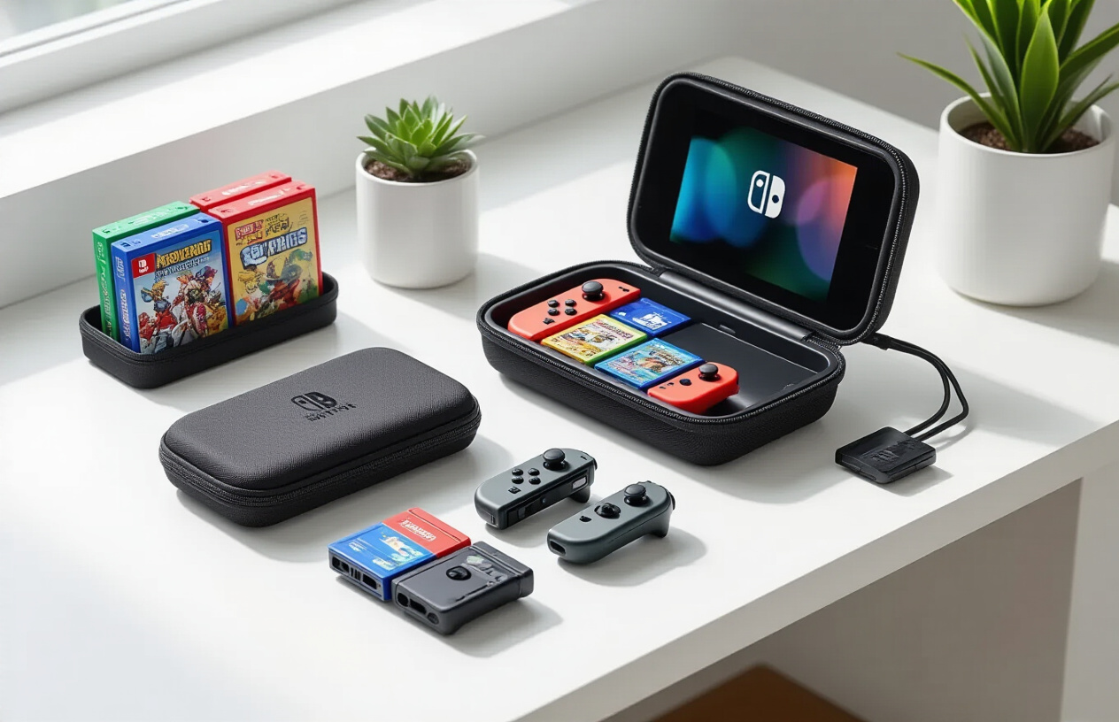 Create a realistic image of various Nintendo Switch organization and storage accessories neatly arranged on a clean white desk surface, including a black carrying case with the Nintendo Switch console visible inside, colorful game card storage cases holding multiple game cartridges, a charging dock station, Joy-Con controller grips, and cable organizers with neatly coiled charging cables, all displayed in an organized and visually appealing layout with soft natural lighting from above, photographed from a slightly elevated angle to showcase the storage solutions clearly, with a minimalist background to emphasize the accessories, absolutely NO text should be in the scene.
