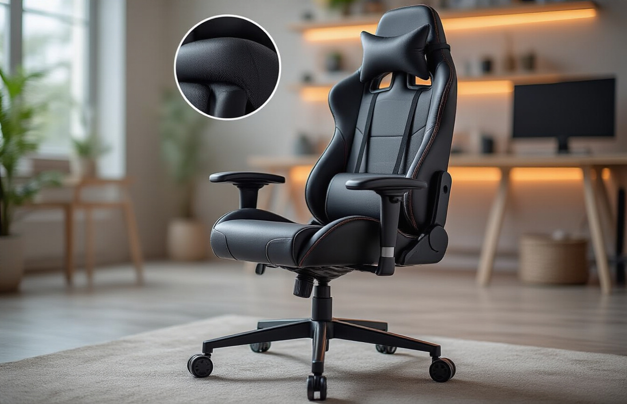 Create a realistic image of a high-end gaming chair showcasing premium features with detailed close-up views of ergonomic lumbar support, adjustable armrests, breathable mesh or leather upholstery, sturdy base with smooth-rolling wheels, and reclining mechanism, positioned in a modern gaming setup with soft ambient lighting highlighting the chair's quality materials and construction details, clean background with subtle gaming accessories visible, professional product photography style lighting. Absolutely NO text should be in the scene.