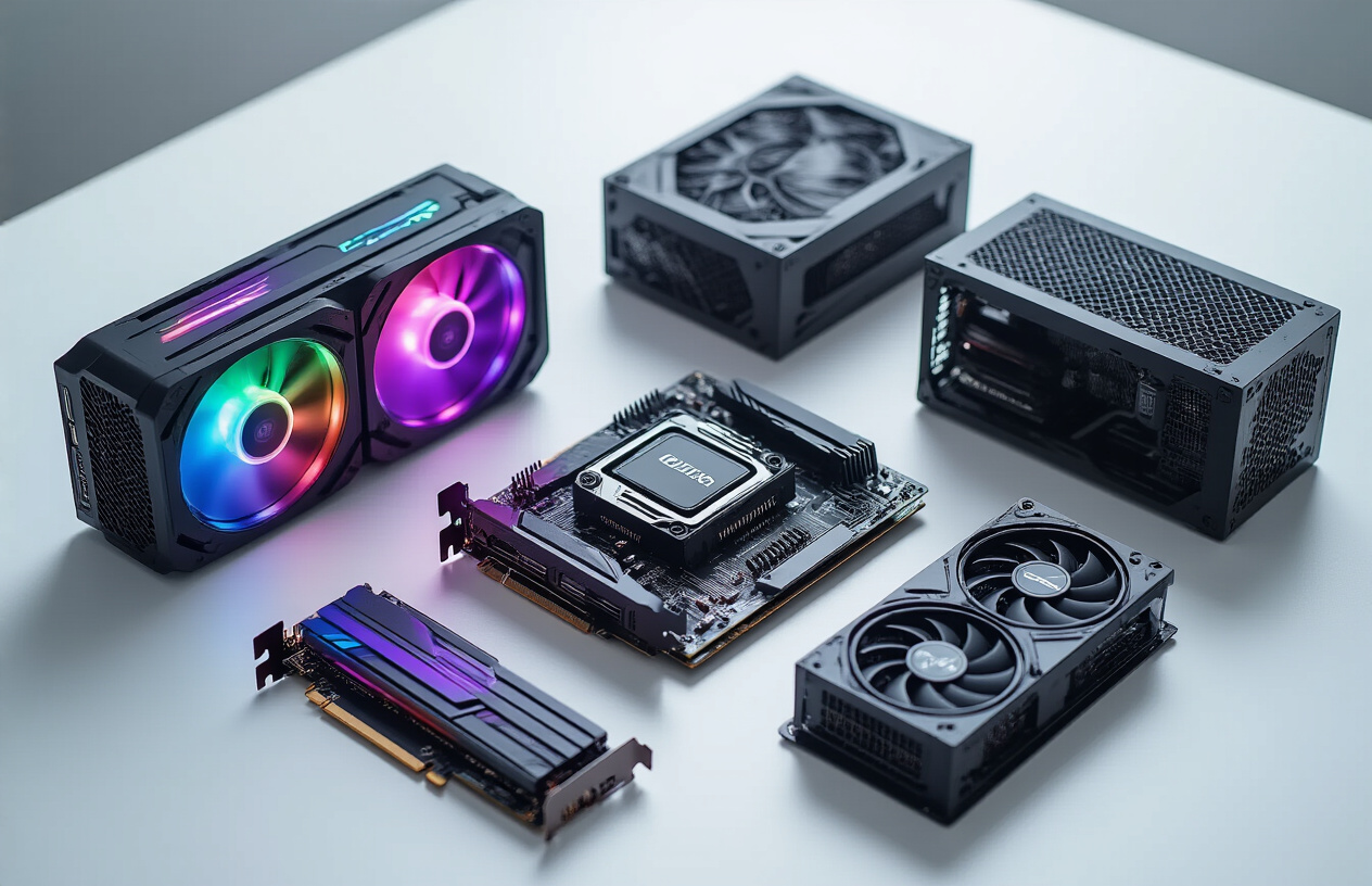 Create a realistic image of high-end gaming PC components displayed on a clean white surface, featuring a powerful graphics card with RGB lighting, a modern CPU processor in its packaging, RAM memory sticks with heat spreaders, a sleek motherboard with visible circuit patterns, and a modular power supply unit, all arranged in an organized layout with soft studio lighting creating gentle shadows, shot from a slightly elevated angle to showcase the premium quality and technical details of each component. Absolutely NO text should be in the scene.