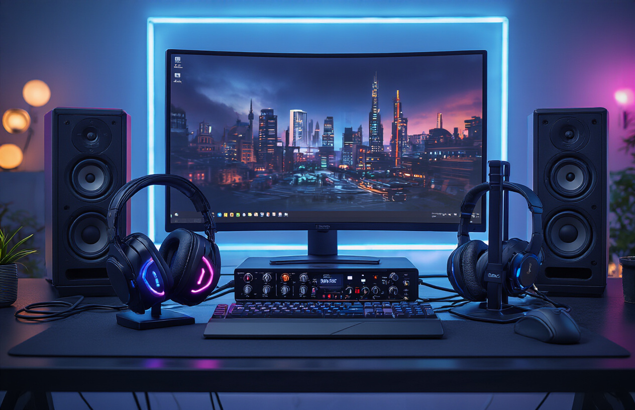 Create a realistic image of a modern gaming desk setup featuring high-end professional gaming audio equipment including large studio monitor speakers on either side of a curved gaming monitor, a premium gaming headset with RGB lighting resting on a headset stand, a professional audio interface with multiple knobs and LED indicators, thick audio cables connecting the equipment, all arranged on a sleek black desk in a dimly lit gaming room with soft blue and purple ambient lighting creating a premium tech atmosphere, absolutely NO text should be in the scene.