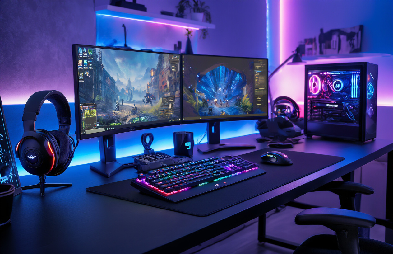 Create a realistic image of a high-end gaming desk setup featuring premium gaming peripherals including a mechanical RGB keyboard with colorful backlighting, a precision gaming mouse with LED accents, a professional gaming headset with microphone, multiple high-resolution monitors displaying vibrant game interfaces, a sleek mouse pad, and various gaming accessories arranged on a modern black desk surface, with dramatic ambient lighting casting blue and purple hues across the scene, creating a competitive esports atmosphere in a dimly lit room, absolutely NO text should be in the scene.